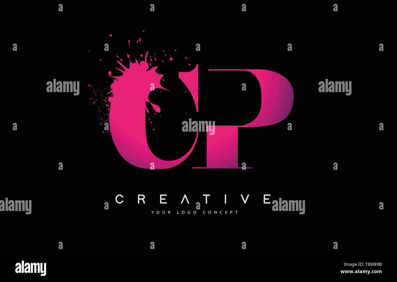 Purple Pink CP C P Letter Logo Design with Ink Watercolor Splash Spill ...