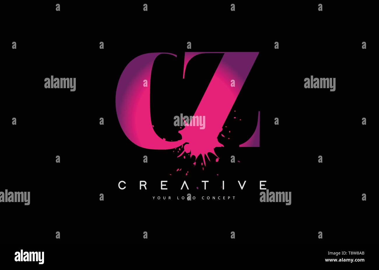 Purple Pink CZ C Z Letter Logo Design with Black Ink Watercolor Splash ...