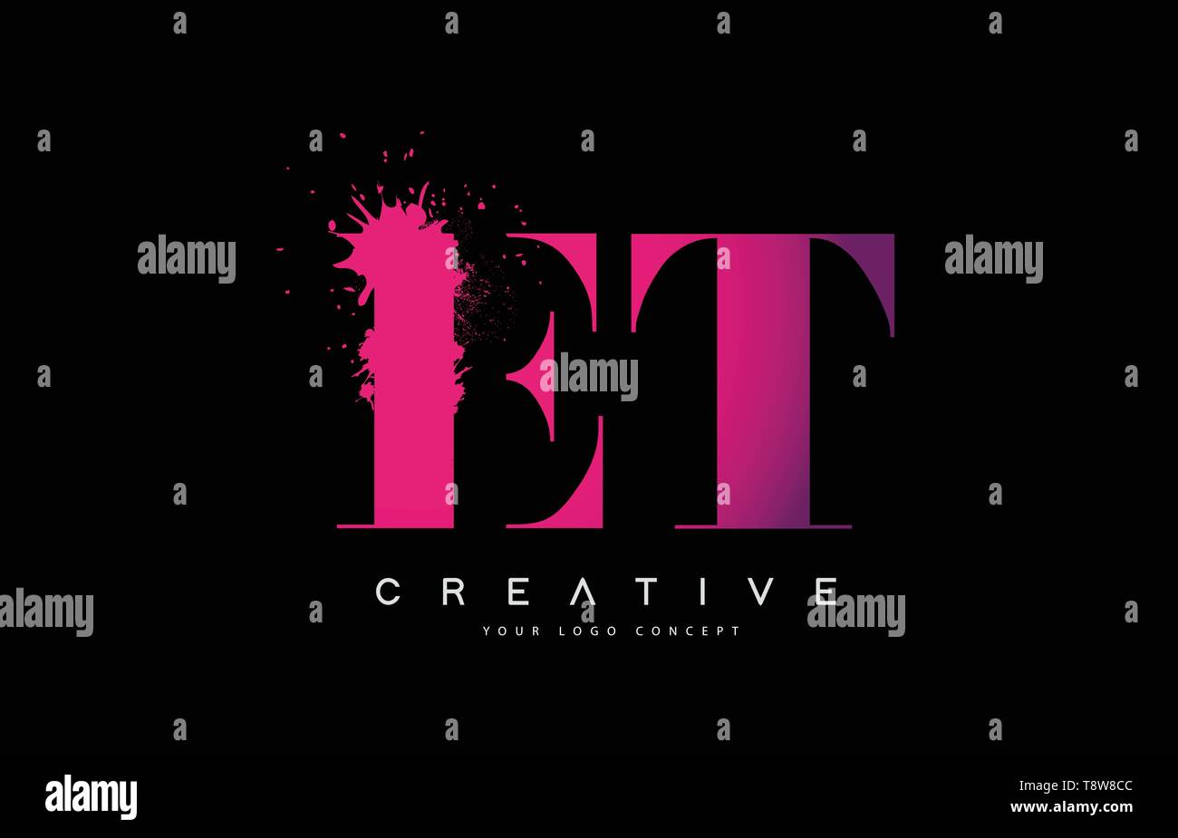Purple Pink ET E T Letter Logo Design with Ink Watercolor Splash Spill ...