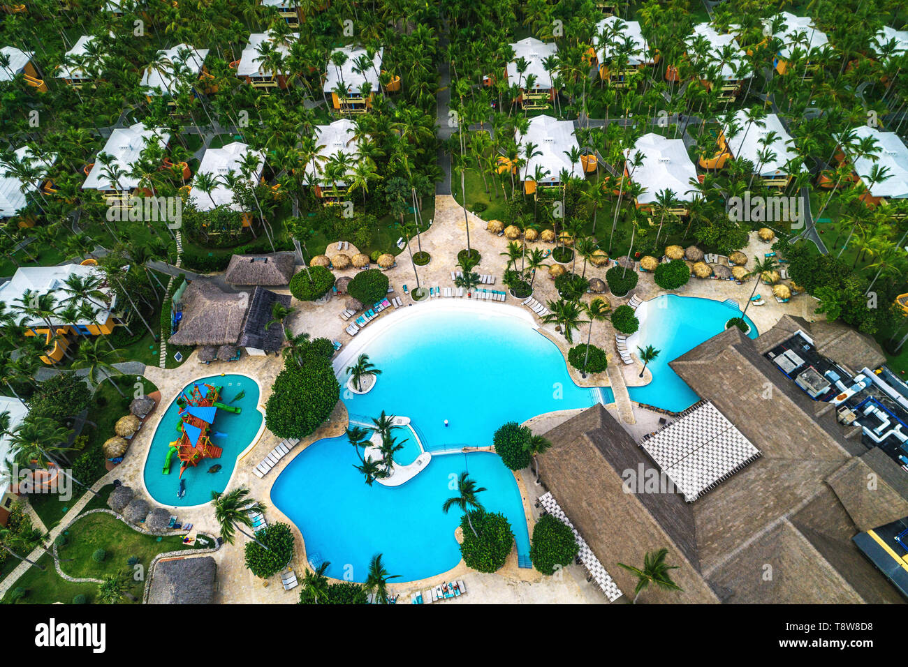 Aerial view of tropical swimming pool and palm trees in luxury ...