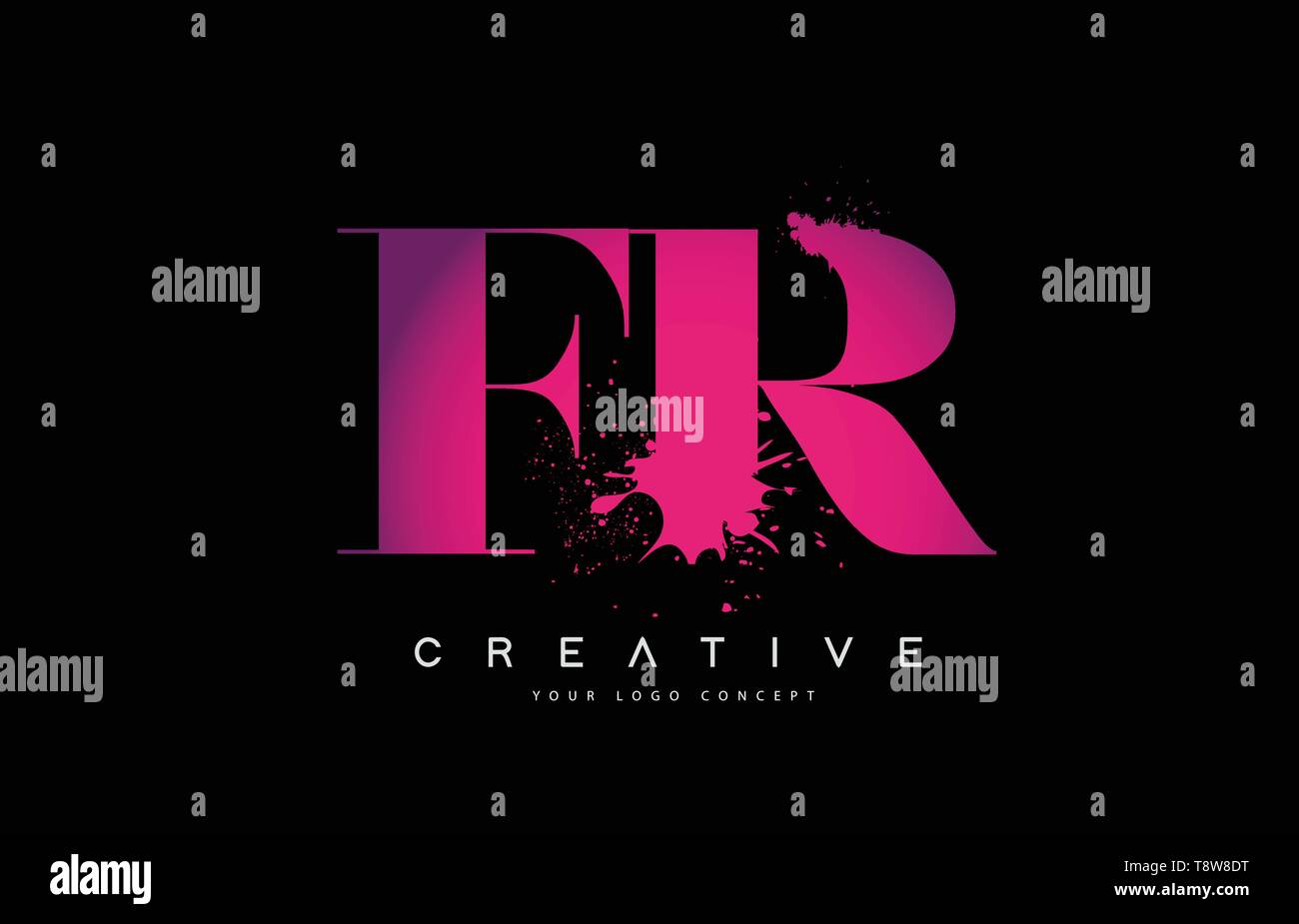 Purple Pink FR F R Letter Logo Design with Ink Watercolor Splash Spill ...