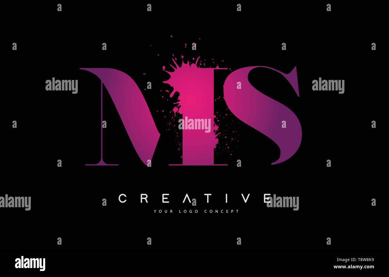 Purple Pink MS M S Letter Logo Design with Ink Watercolor Splash Spill ...