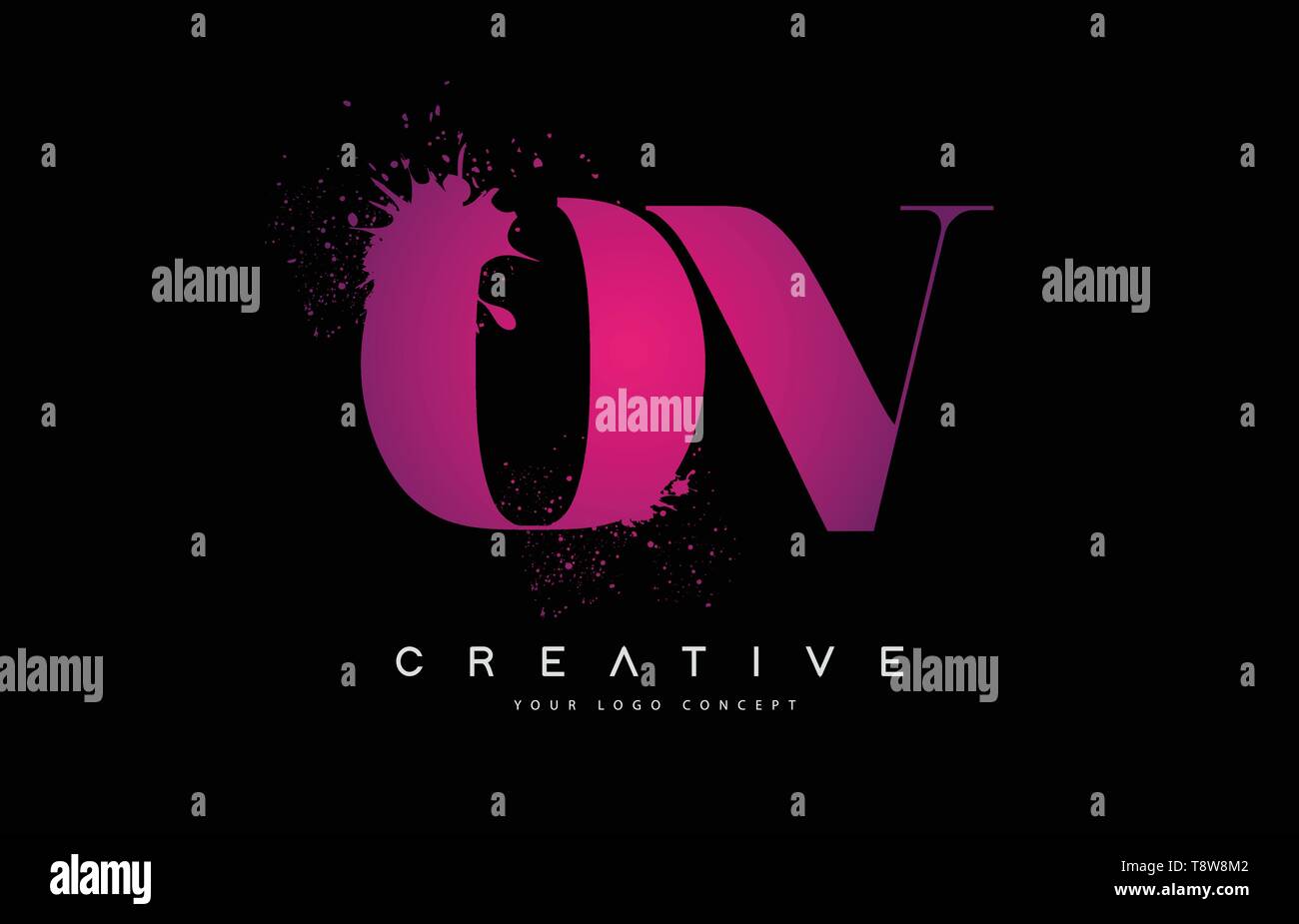 Purple Pink OV O V Letter Logo Design with Ink Watercolor Splash Spill ...