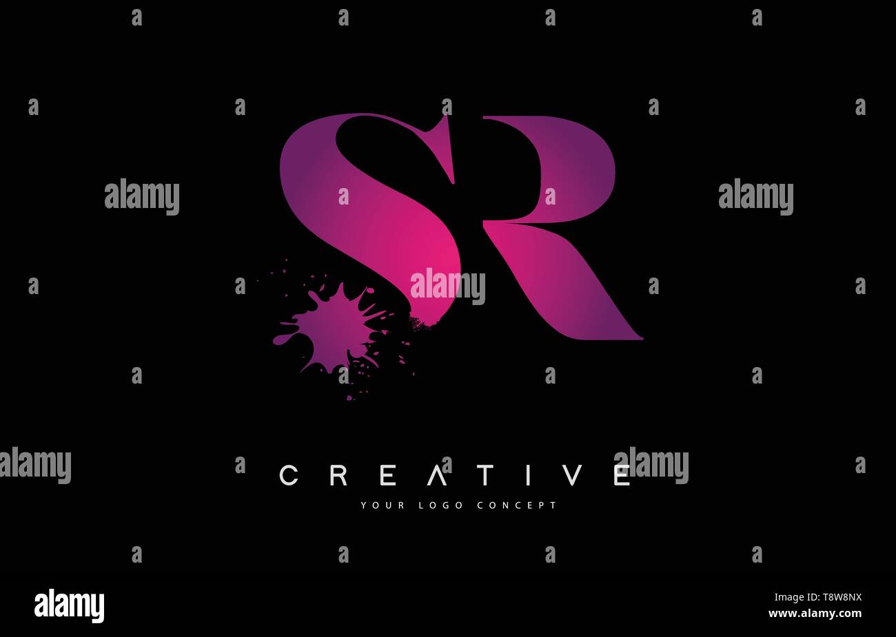 Purple Pink SR S R Letter Logo Design with Ink Watercolor Splash Spill ...