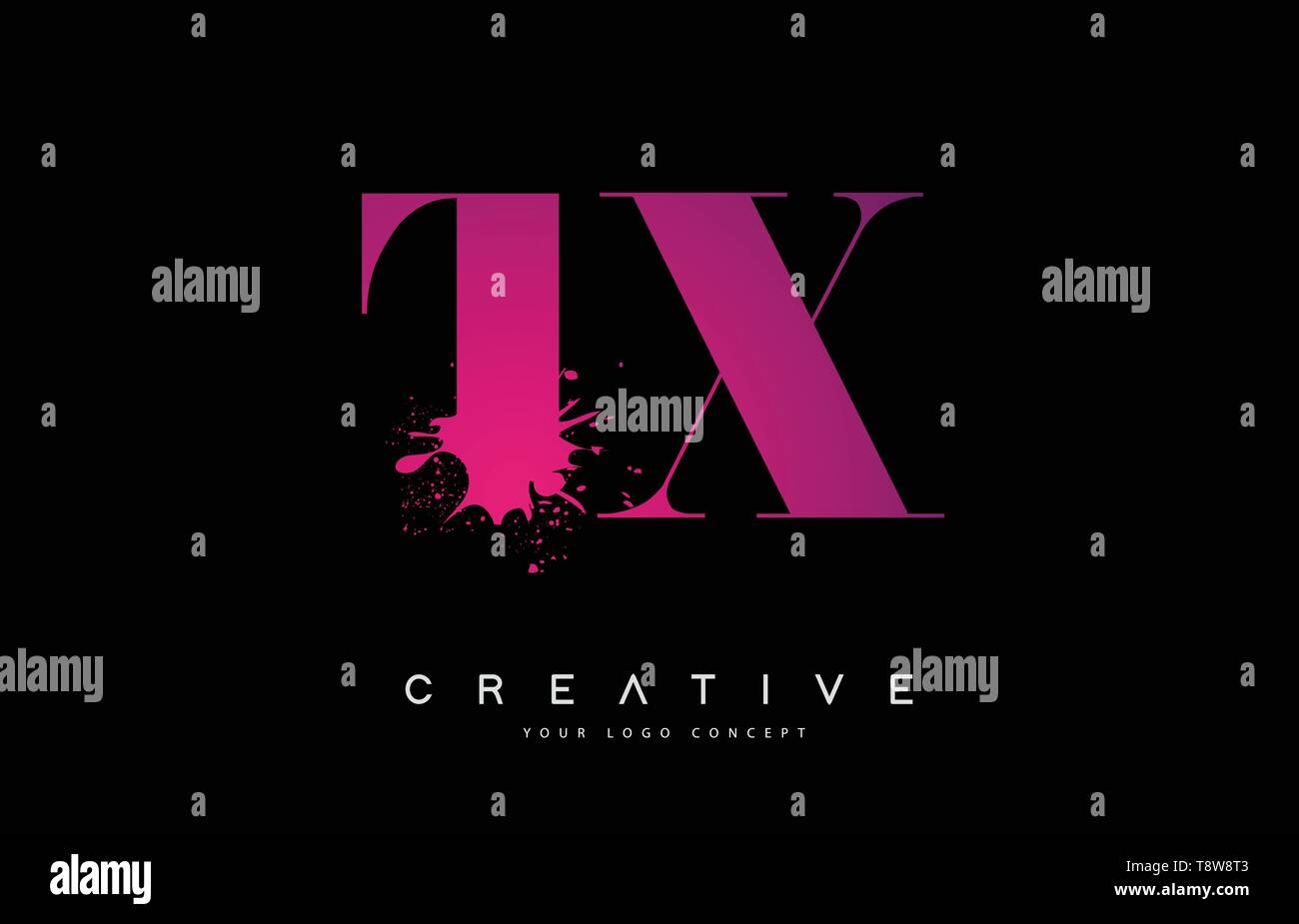 Purple Pink TX T X Letter Logo Design with Ink Watercolor Splash Spill Vector Illustration. Stock Vector