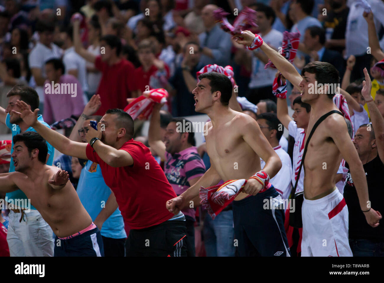 Supporters ofof Sevilla F.C. celebrate during the match of Europa League (quarterfinal 2nd leg) between Sevilla F.C. and F.C. Porto at the Ramon Sanchez Pizjuan Stadium on April 10, 2014 in Seville, Spain Stock Photo