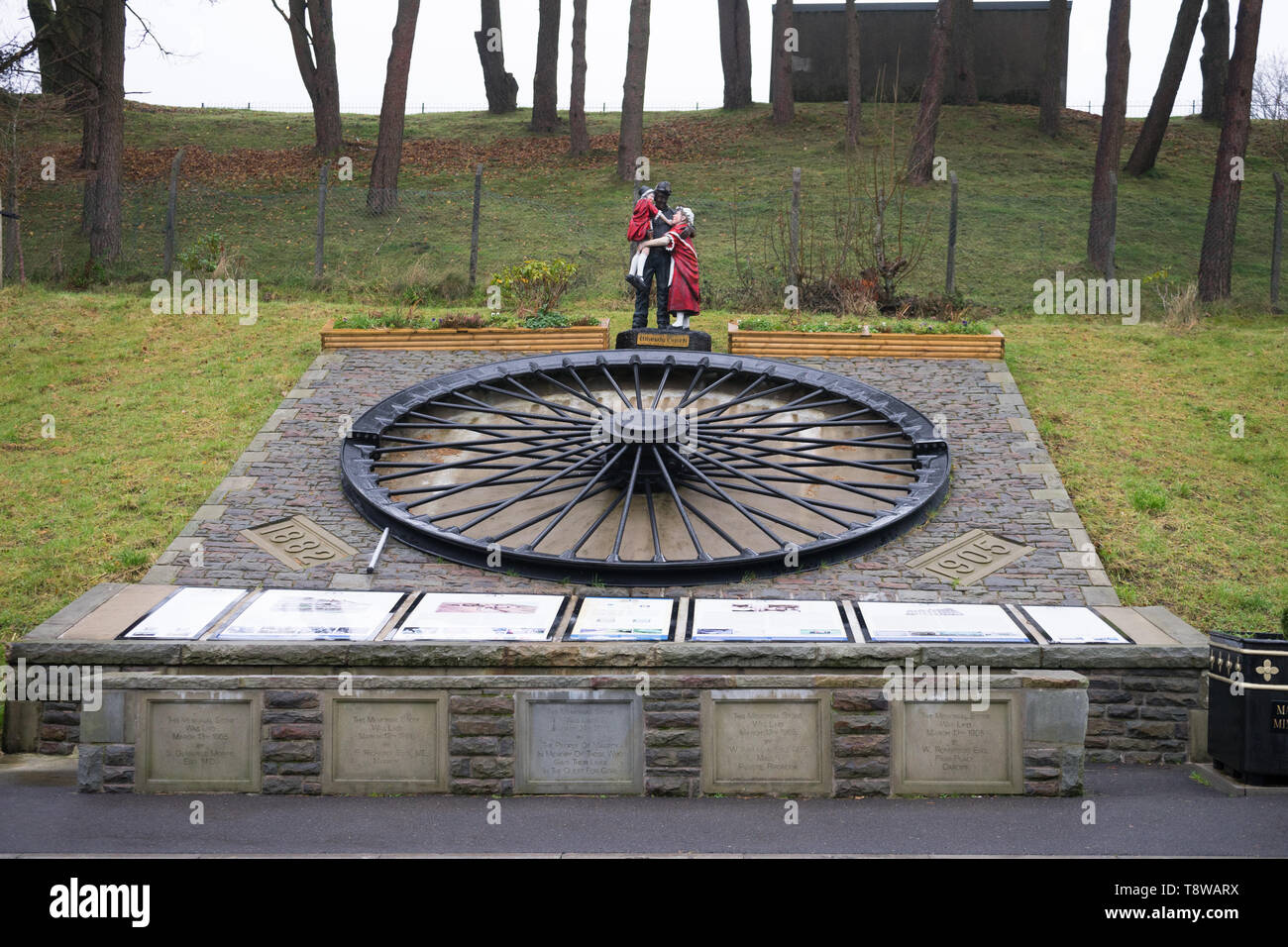 Welsh mining memorial wheel in Wales, UK Stock Photo