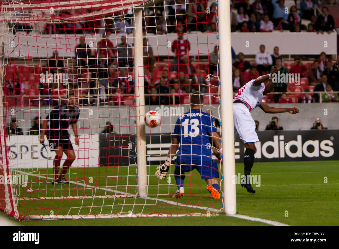 Stephane M'Bia, player of Sevilla FC, scores for 1-0 during the match of Europa League (Semifinal 1st leg) between Sevilla FC and Valencia CF at the Ramon Sanchez Pizjuan Stadium on April 24, 2014 in Seville, Spain Stock Photo