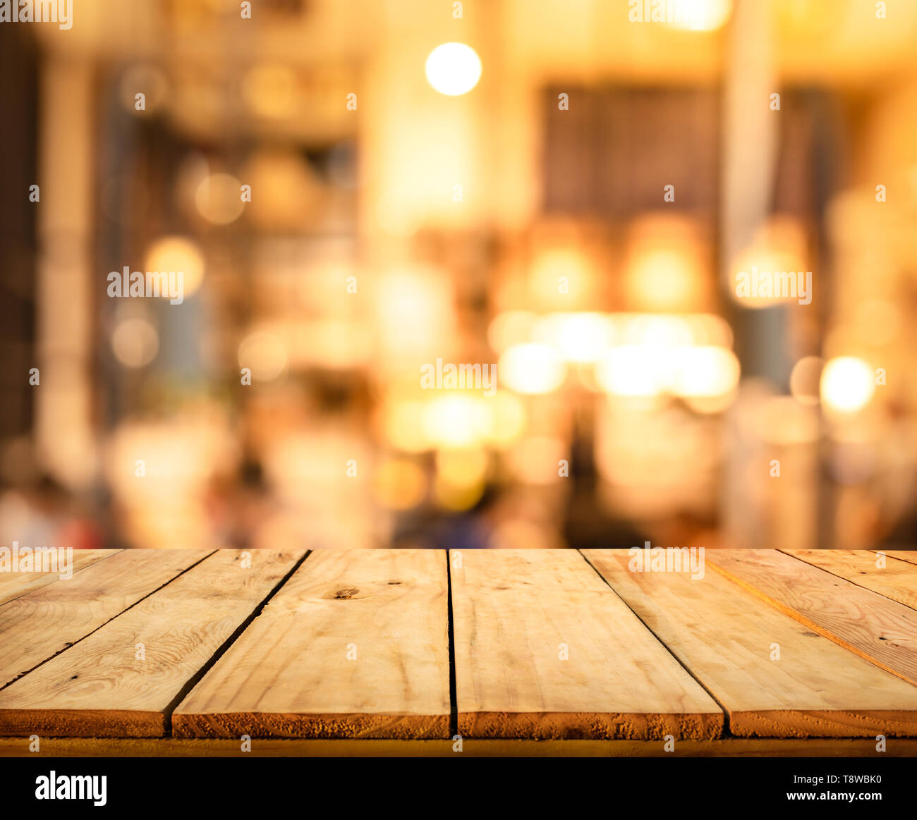 Wood texture table top (counter bar) with blur light gold bokeh in cafe,restaurant   montage product display or design key visual layou Stock  Photo - Alamy