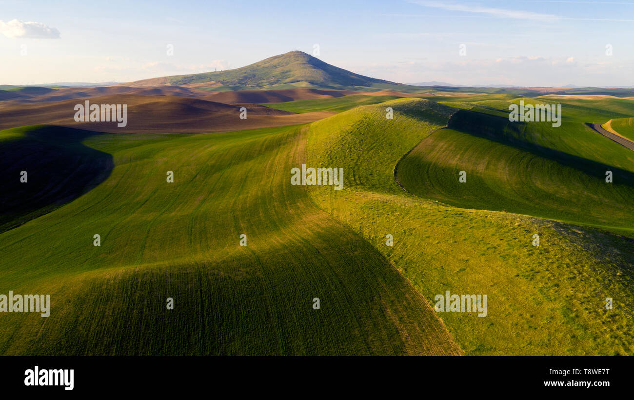 Steptoe Butte State Park is up there somewhere on top of the bluff surrounded by Palouse Country farmland Stock Photo