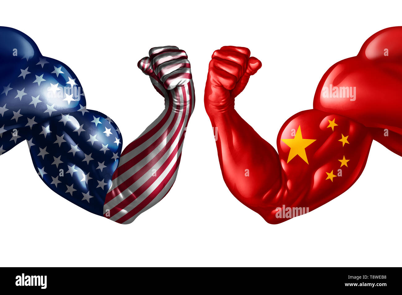 China trade war with USA or United States and American tariffs as a politics conflict with two opposing trading partners as an economic import. Stock Photo