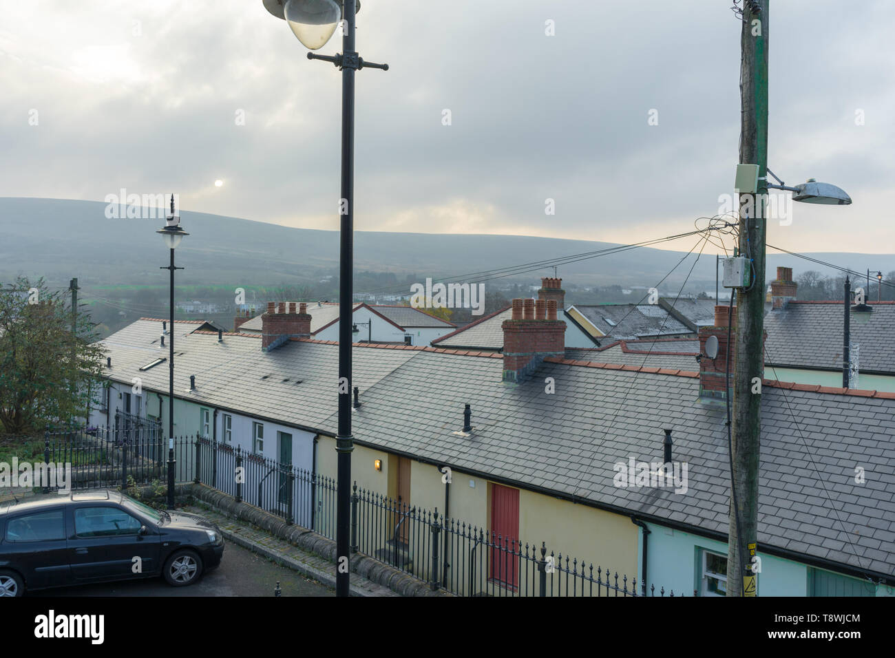 Rural Welsh town, with hills, houses Stock Photo