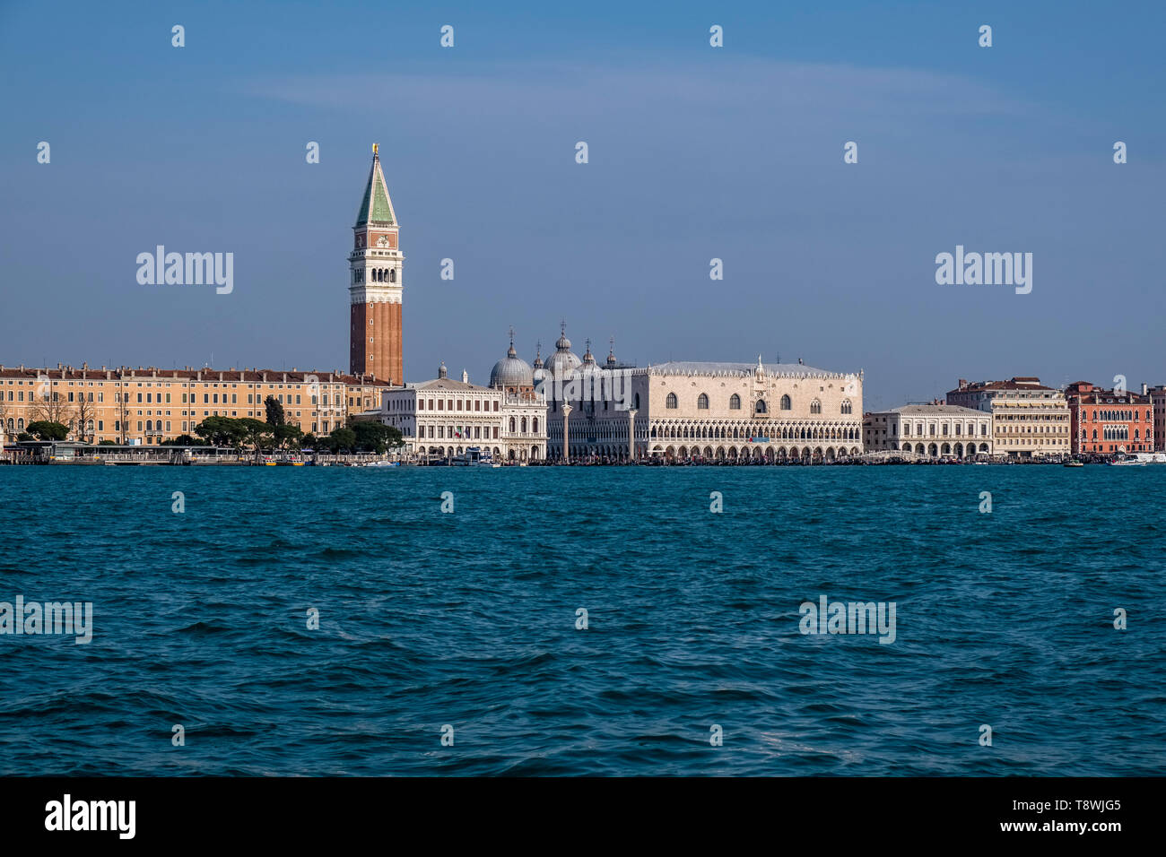 View across the Grand Canal, Canal Grande, St Mark's Campanile, Campanile di San Marco and Doge's Palace, Palazzo Ducale, in the distance Stock Photo