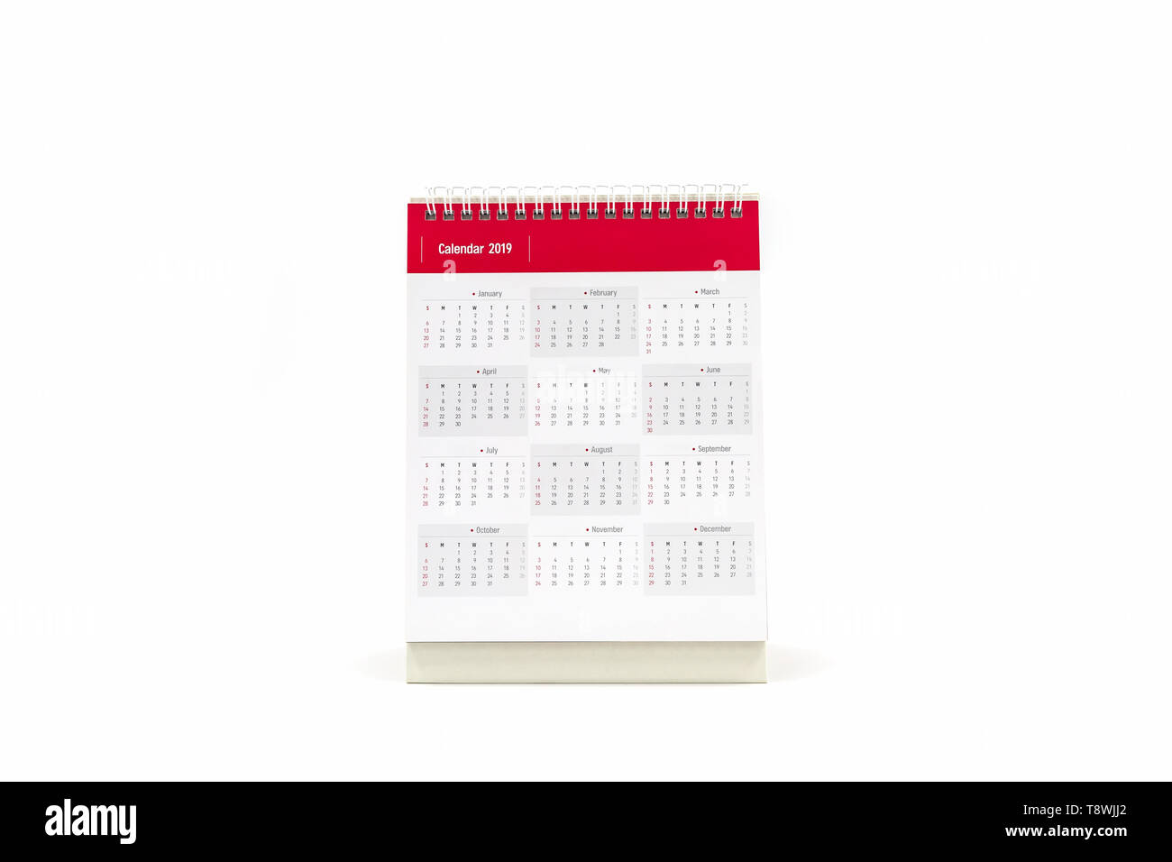 White paper desk spiral calendar 2019 isolated on white background. Stock Photo