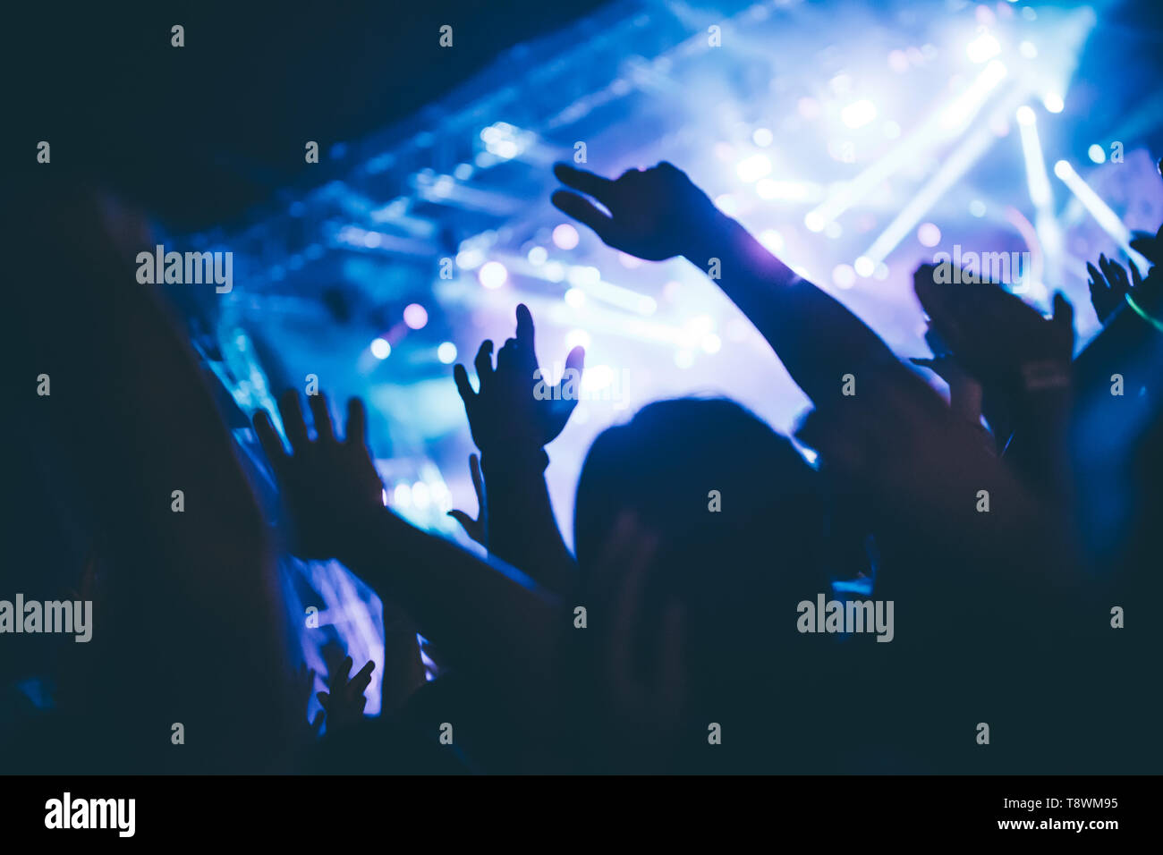 Cheering crowd at concert enjoying music performance Stock Photo