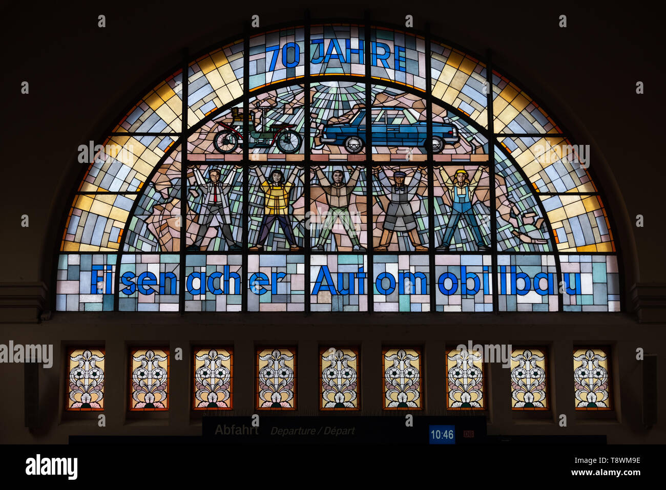 Eisenach, Germany - May 11, 2019: View of a lead glass window in Eisennach main station. It reminds of the automobile tradition, here the Wartburg was Stock Photo