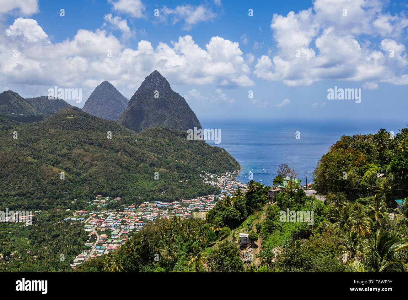 View of Soufriere, St Lucia, with the magnificent Pitons Stock Photo