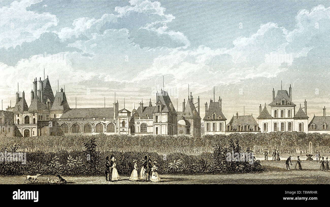 The Royal Château de Fontainebleau,  near Paris, antique steel engraved print, 1831 Stock Photo
