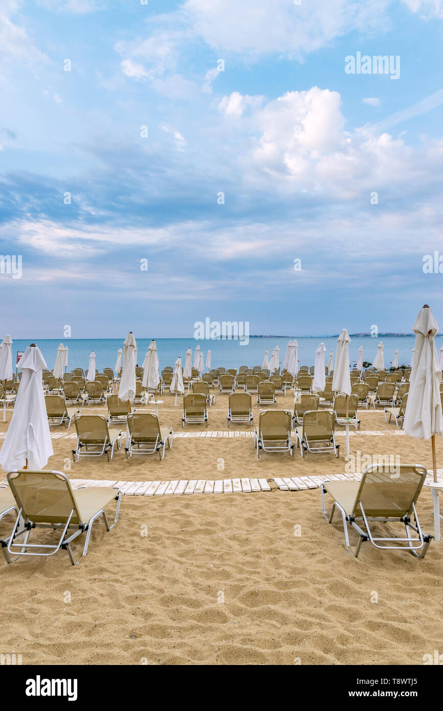 Chairs and umbrellas on a beautiful beach at Sunny Beach on the Black ...