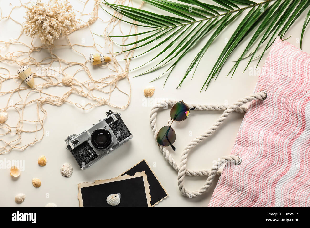 Composition with travel accessories on white background Stock Photo