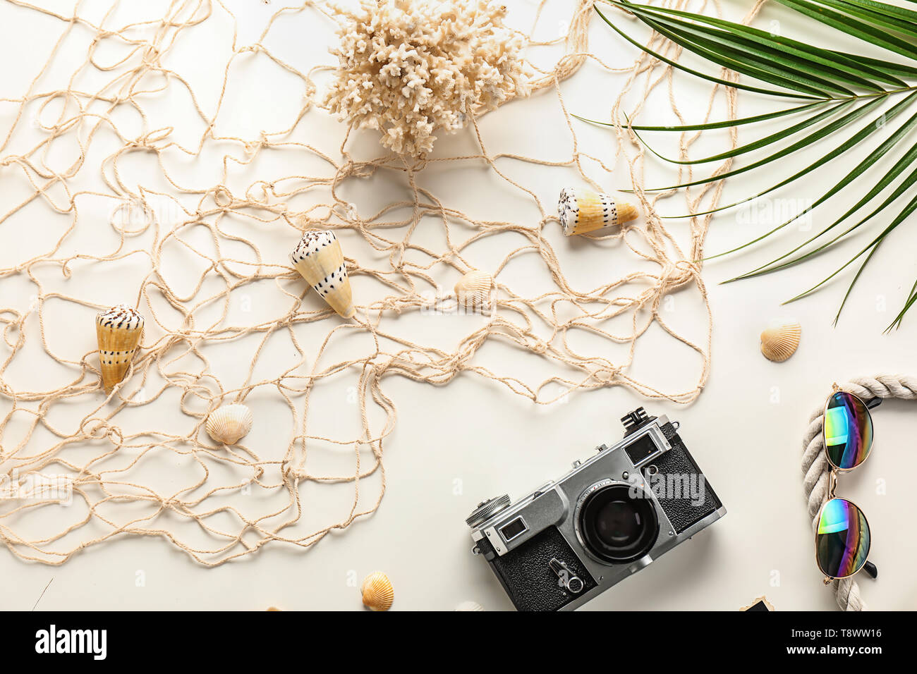 Composition with travel accessories on white background Stock Photo