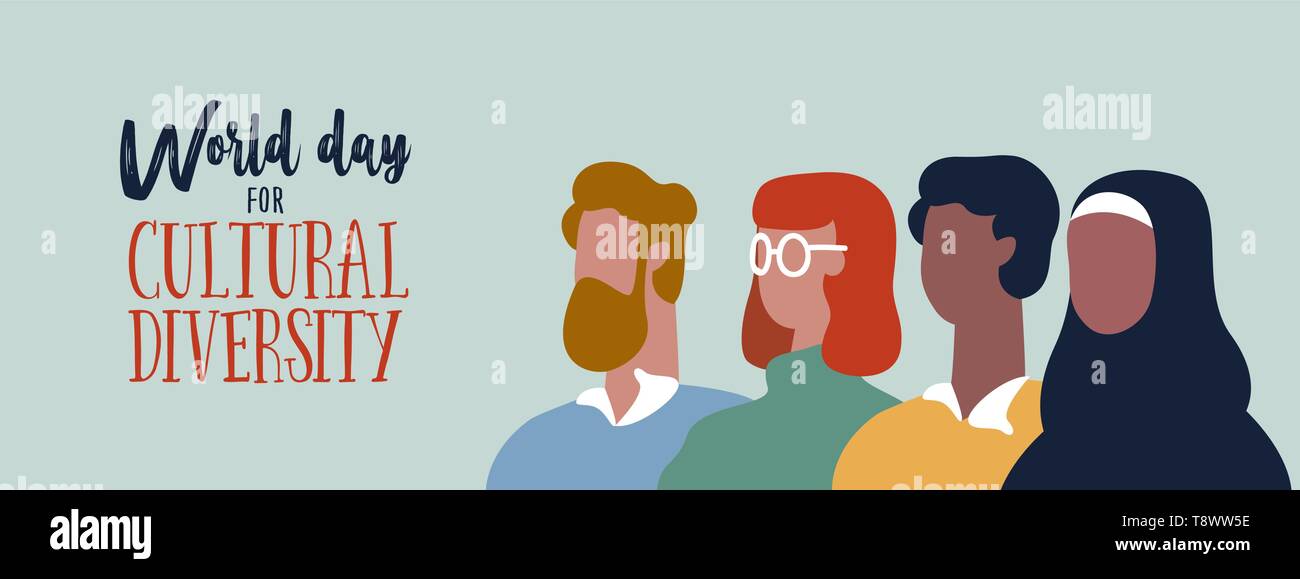 World Day for cultural diversity event web banner of diverse people group. Social help and support concept. Stock Vector