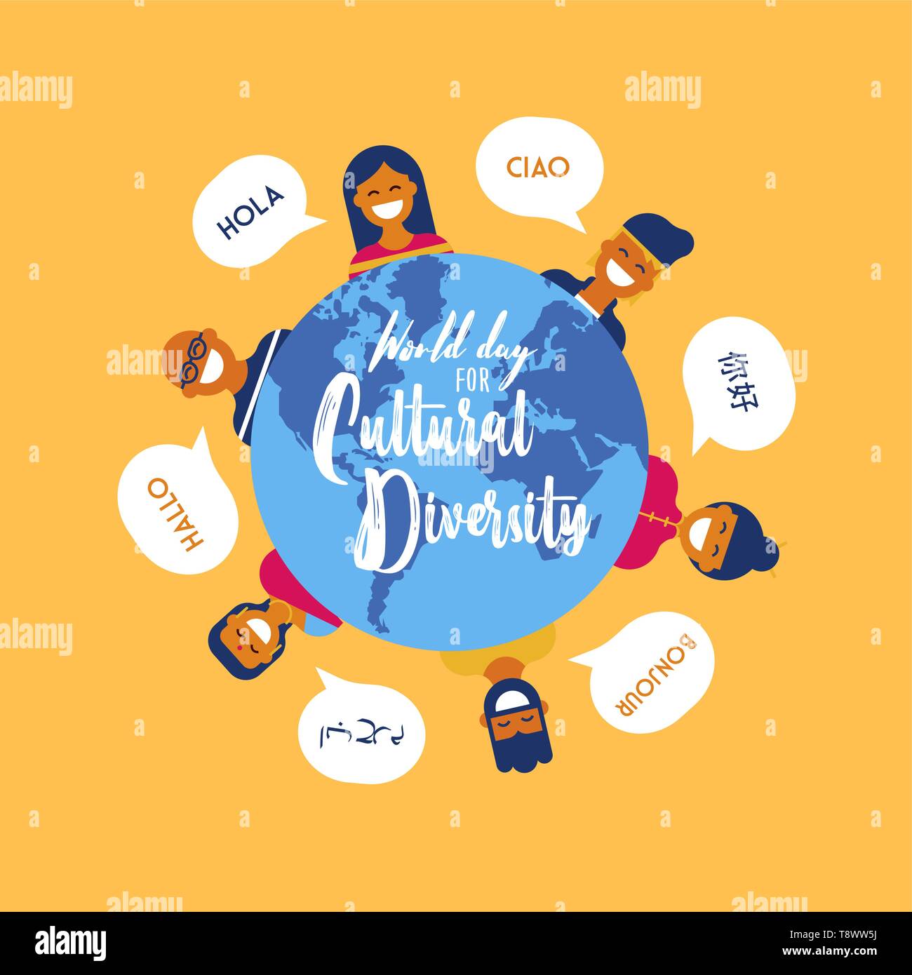 World Day for Cultural Diversity card illustration of diverse ethnic people and earth globe map. International social peace concept. Stock Vector
