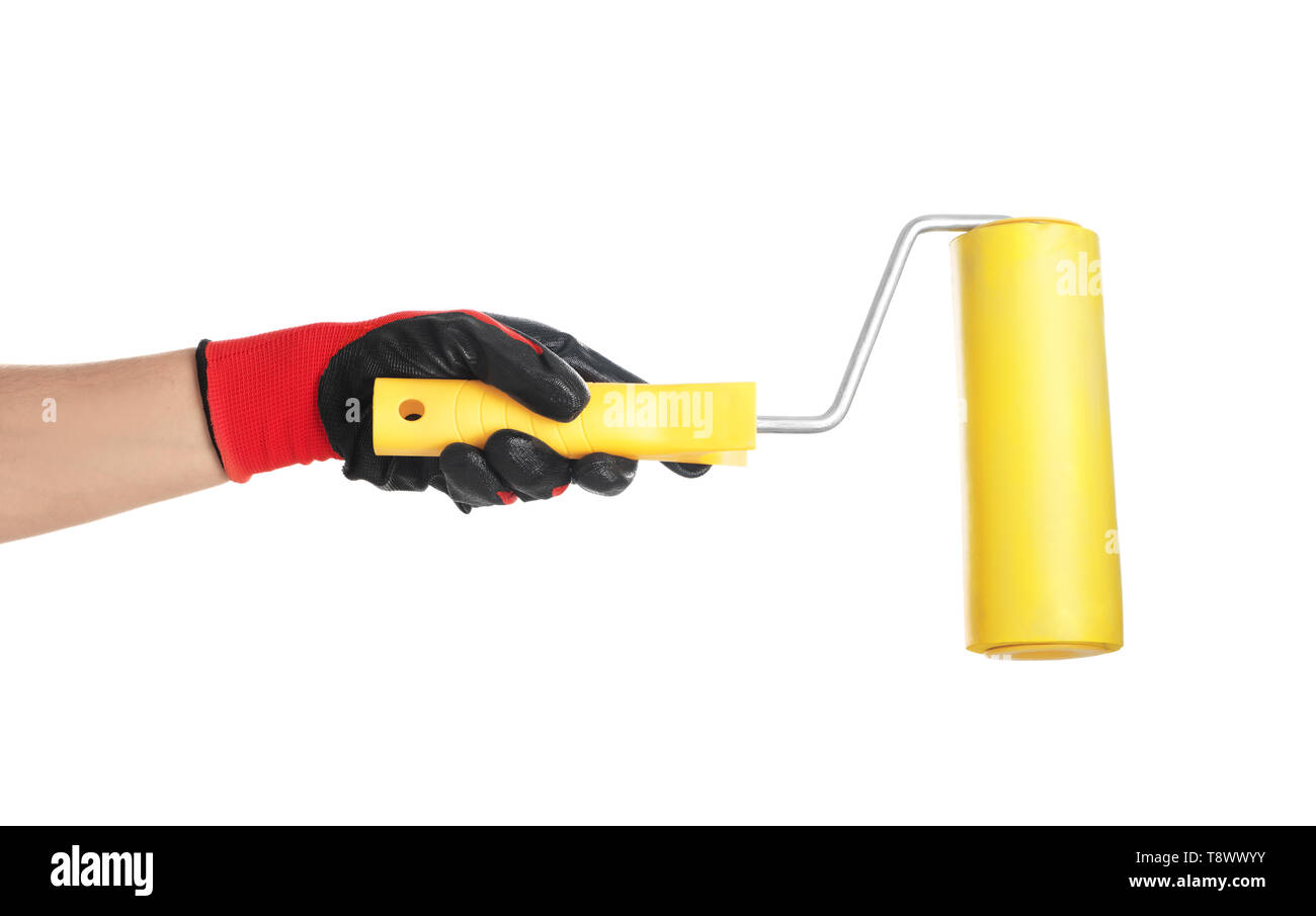 Paint roller in male hand isolated on white Stock Photo - Alamy