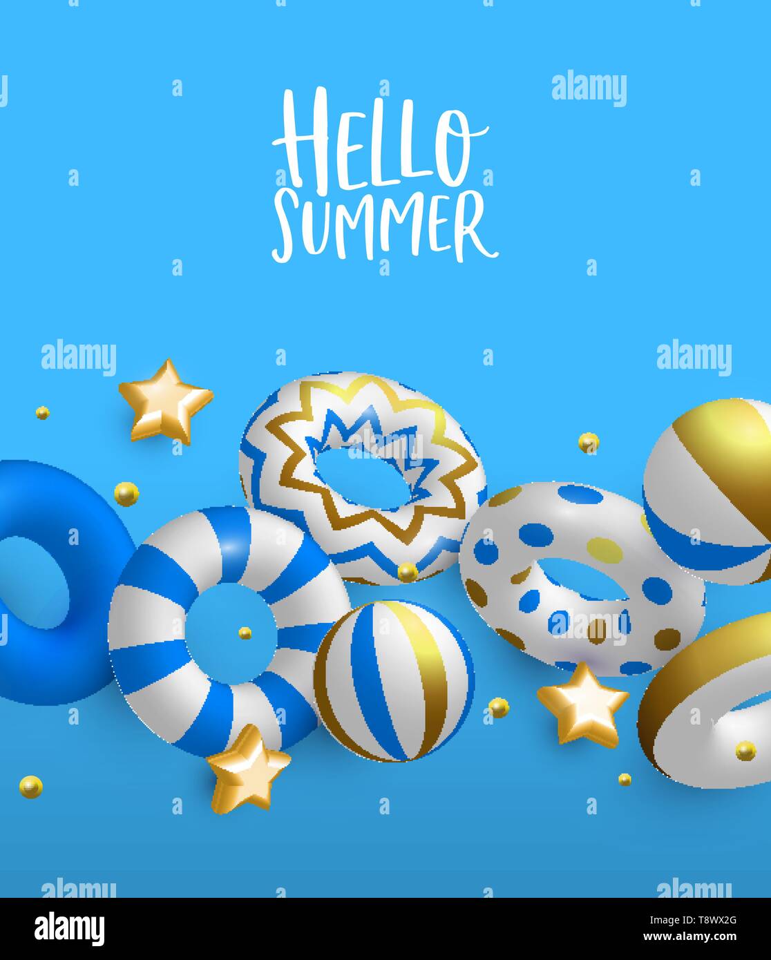 Hello Summer greeting card illustration. 3D life savers, stars and