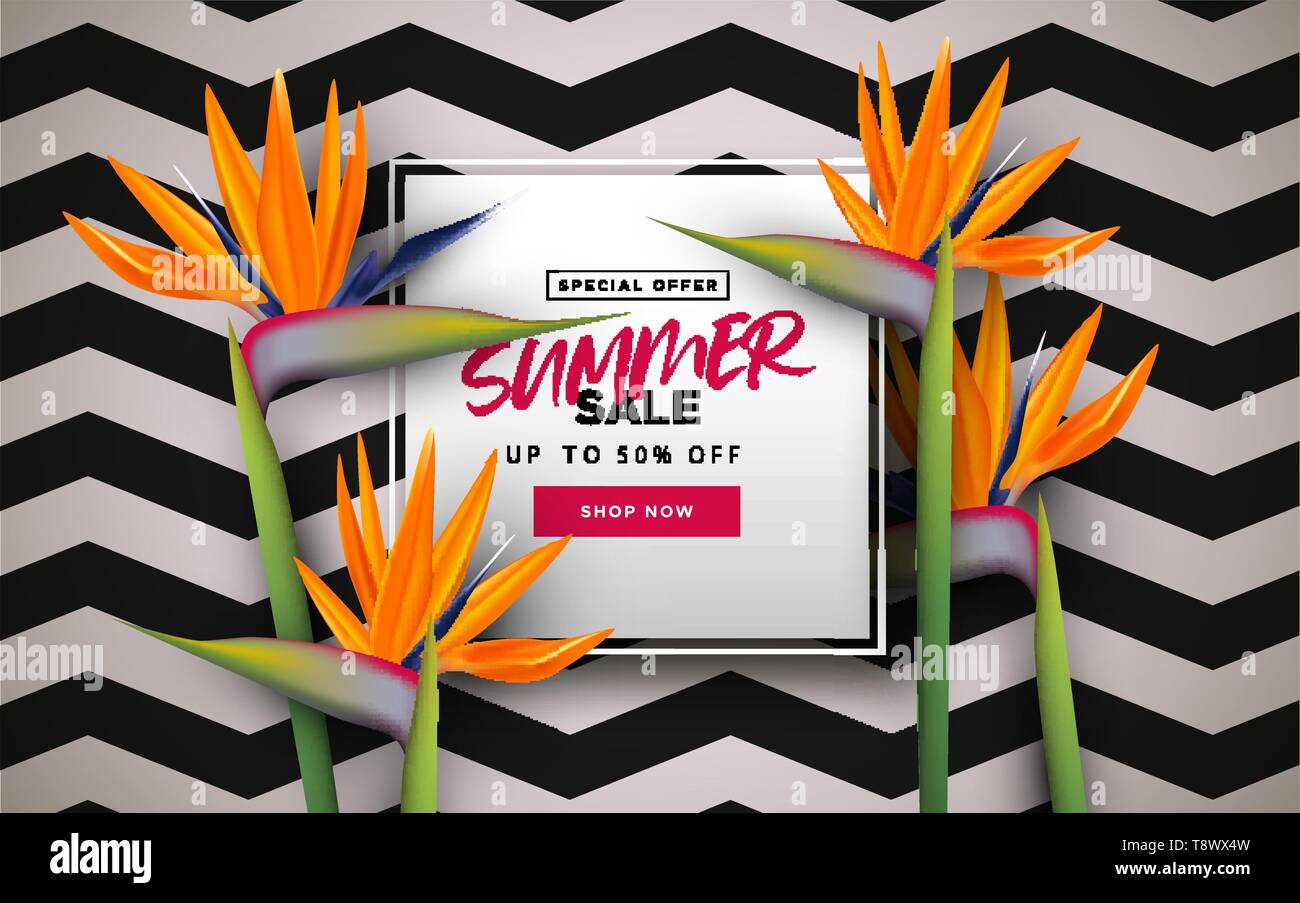 Summer sale template with realistic 3d tropical paradise bird flowers and abstract background. Seasonal online store discount or special holiday offer Stock Vector