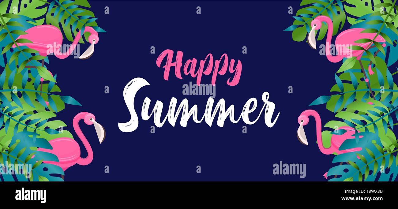 Summer season web banner illustration of tropical jungle plant leaves ...