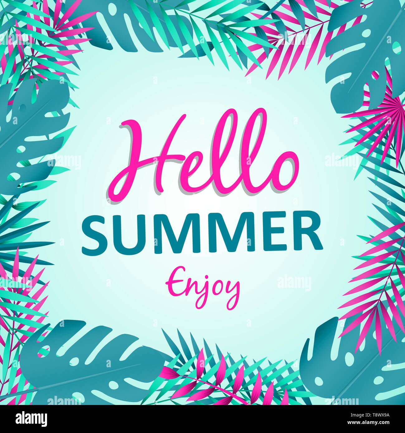 Hello Summer illustration for summertime season event concept. Pink typography quote with tropical plants and palm tree leaves. Stock Vector