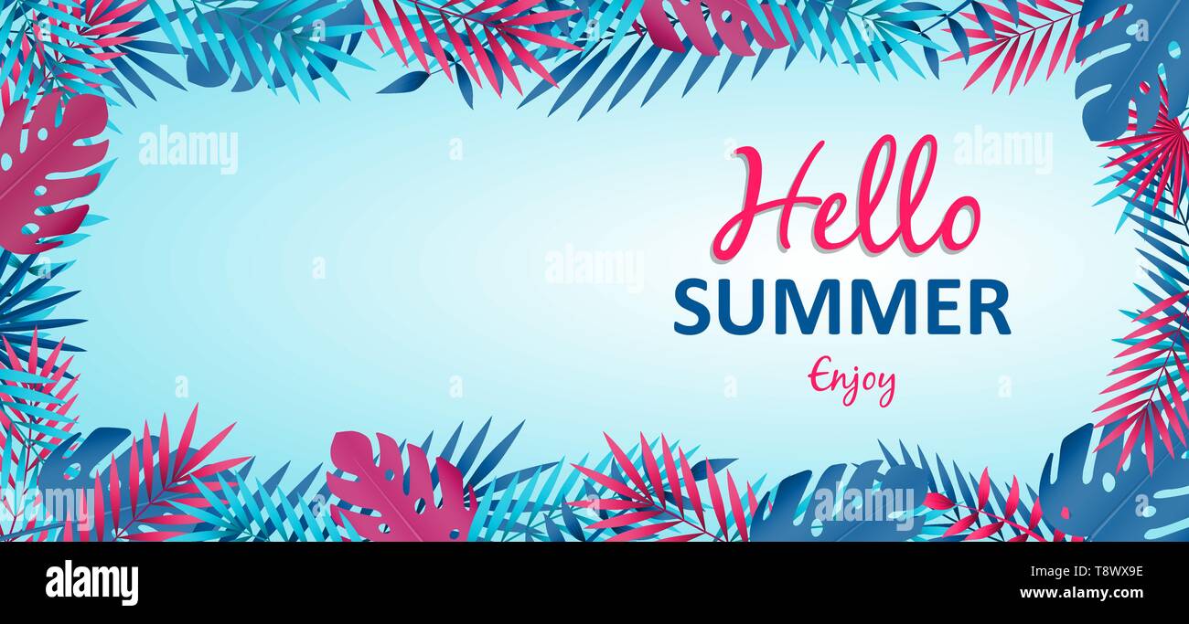 Hello Summer banner illustration for summertime season. Pink typography quote with tropical plants, palm tree leaves and copy space. Stock Vector