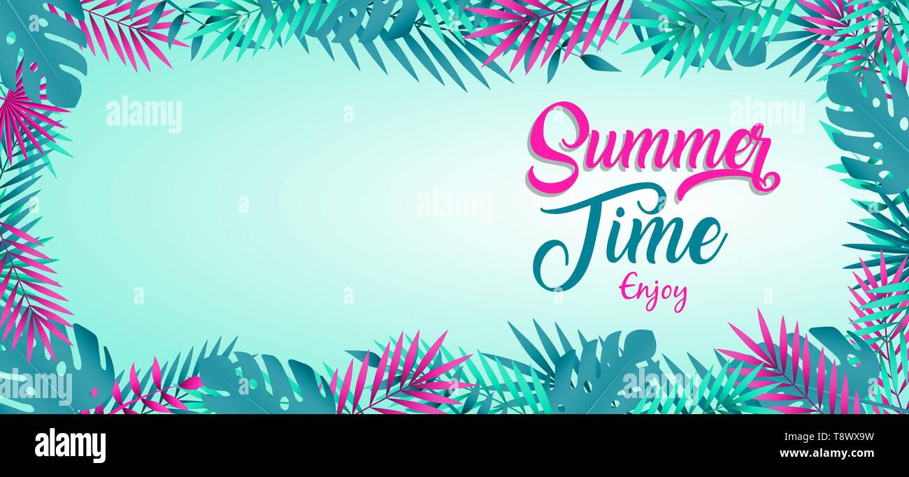 Summer banner illustration for summertime season. Pink typography quote with tropical plants, palm tree leaves and copy space. Stock Vector