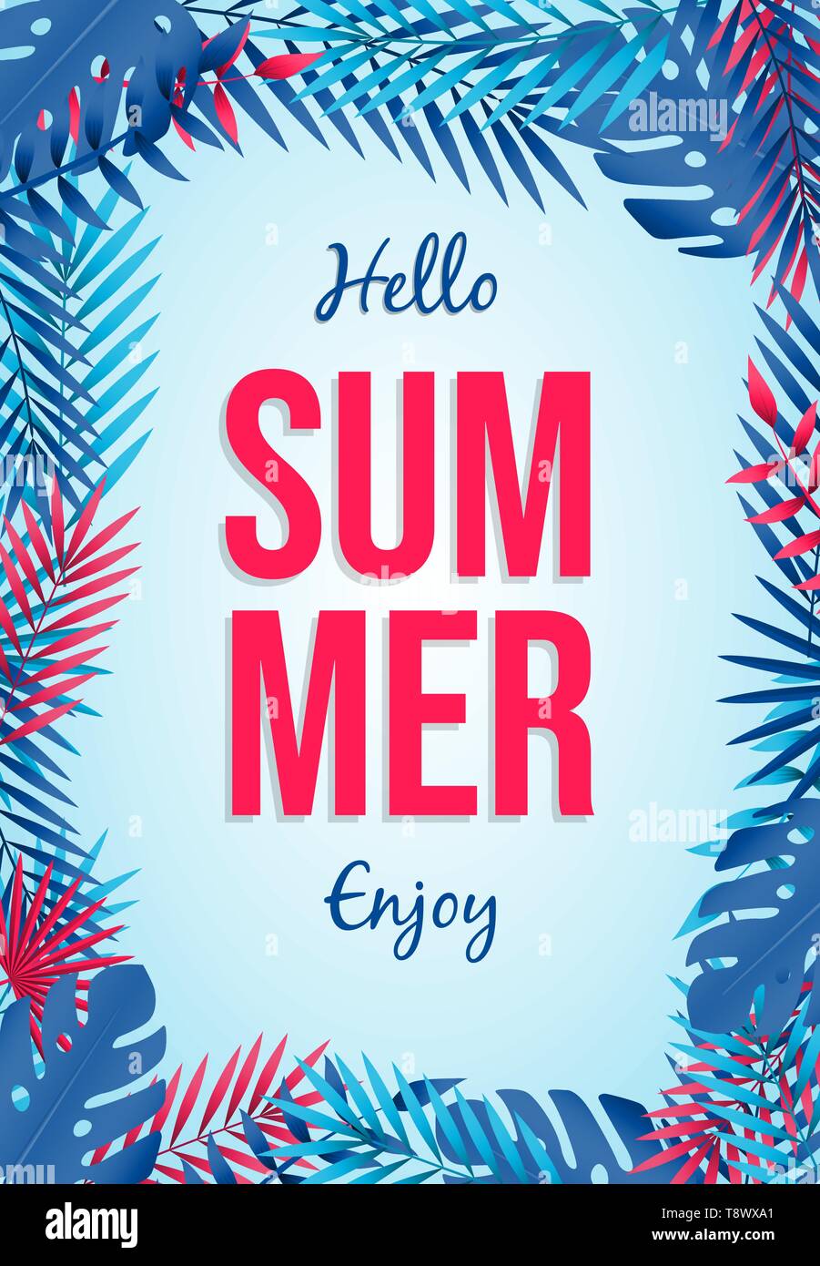 Hello Summer illustration for summertime season event concept. Pink typography quote with tropical plants and palm tree leaves. Stock Vector