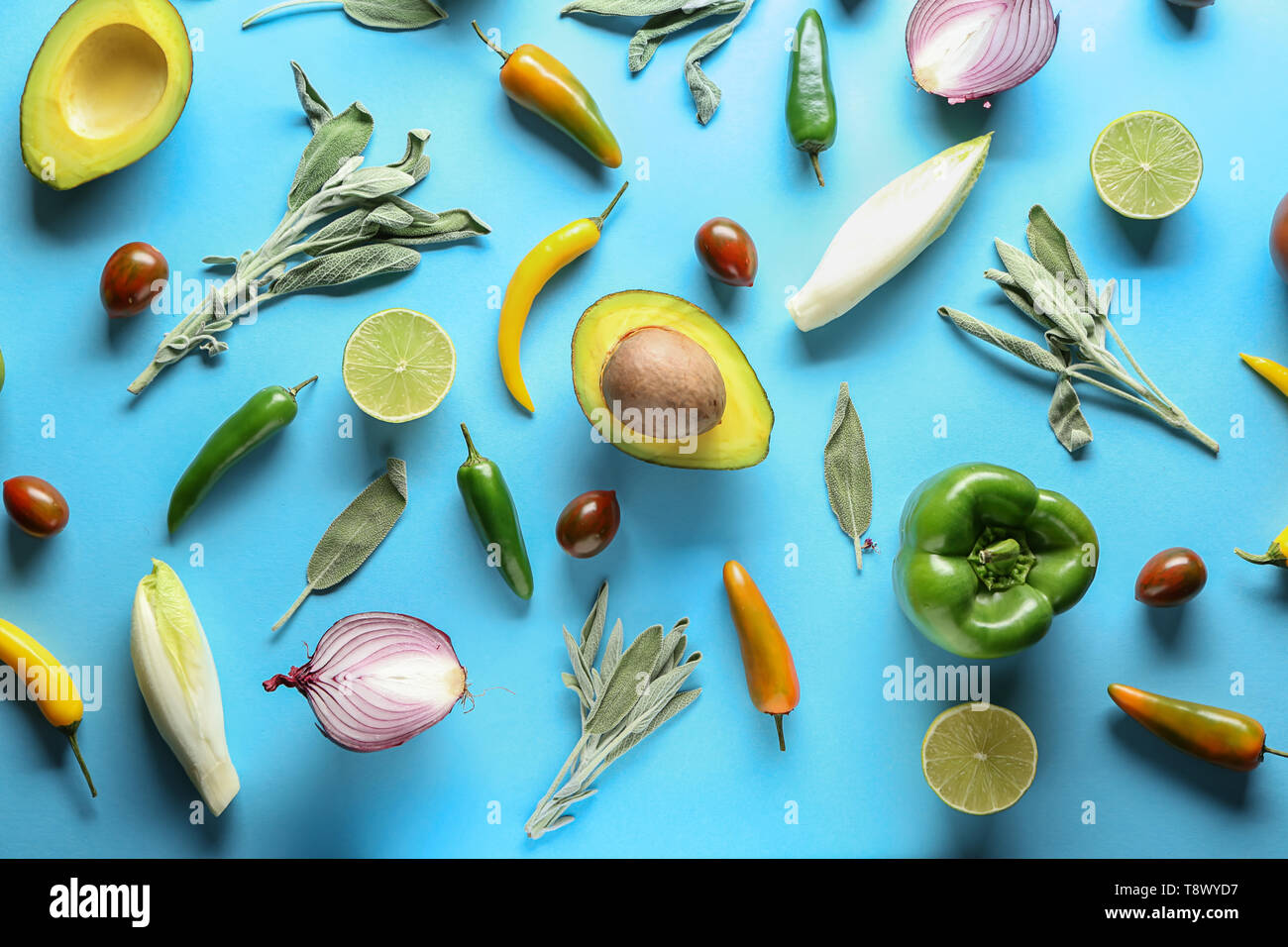 Various fresh vegetables on color background Stock Photo - Alamy