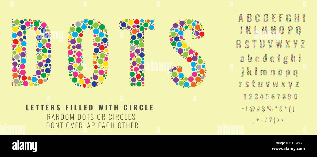 Set of letters made of colored dots or filled with circles. Creative