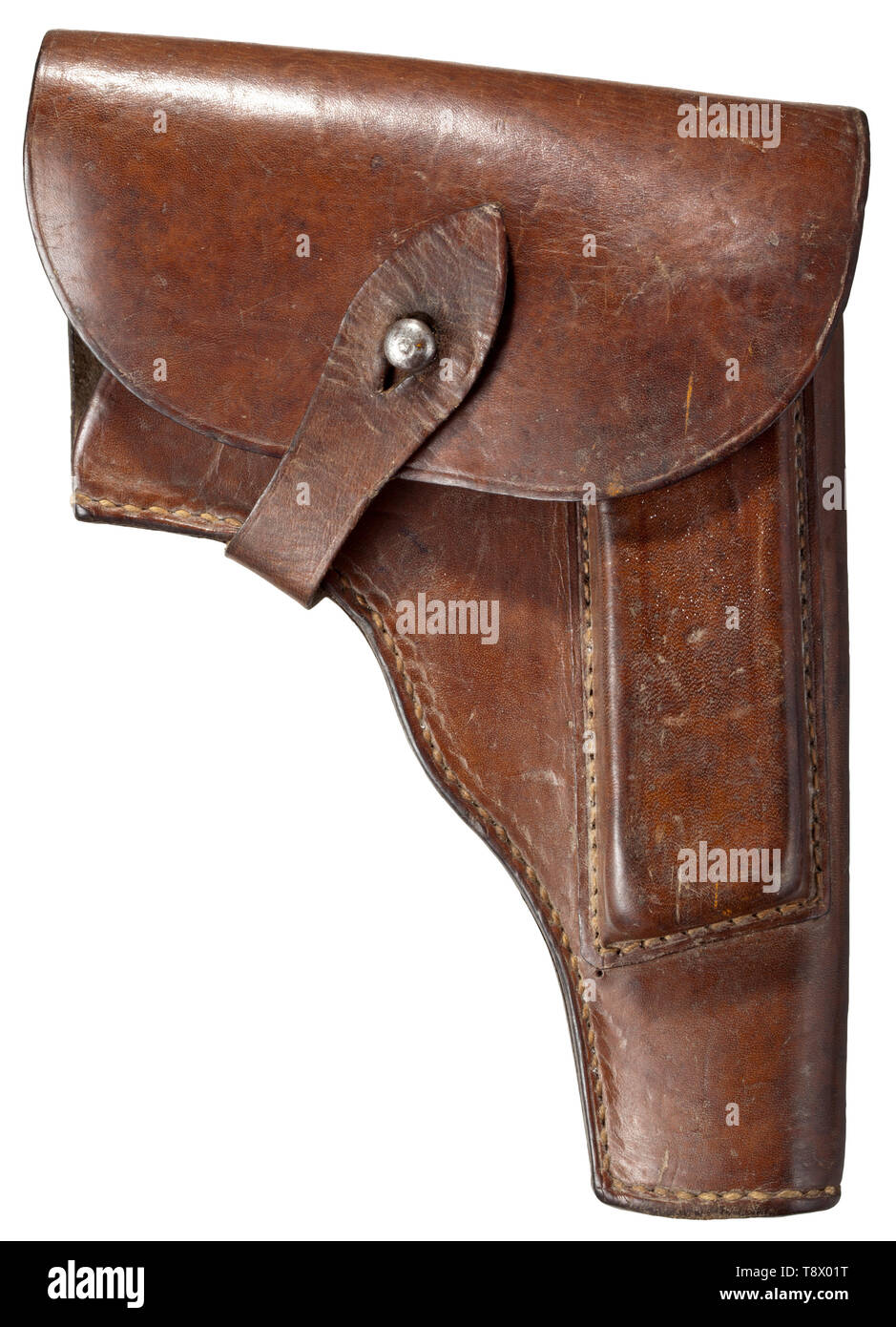 A holster for the VIS Mod. 35, Radom ink stamp in the cover 'bnz 1944 / P.35(p)', manufacturer Steyr-Daimler-Puch AG, Steyr Sturdy dark-brown cowhide with signs of usage. Magazine pocket in front. Steel closure button. Stitching and straps in order. historic, historical, 20th century, Editorial-Use-Only Stock Photo