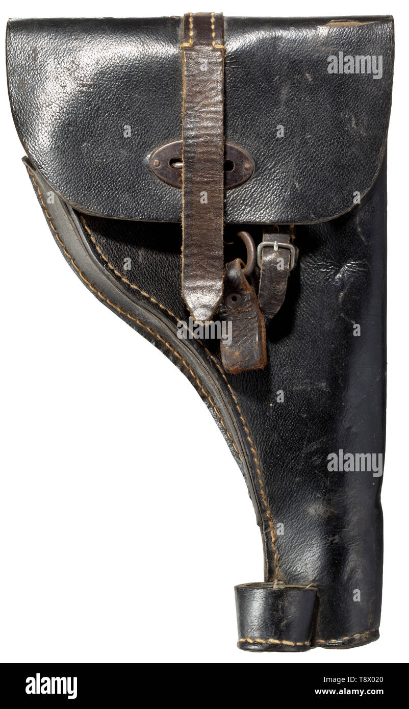A holster for the Walther army model flare pistol encoded 'cvc 44', acceptance eagle/WaA... for manufactory Zeschke Nachf. Gebr. L. Zeuschner, Müllrose near Frankfurt/O. Made from leather replacement material (pressboard), durable parts in leather. Holder for cleaning rod. Stitching in order. A rare maker! Encoding in cover. Included are two carry hooks for the flare pistol ammunition pouch. historic, historical, 20th century, Editorial-Use-Only Stock Photo