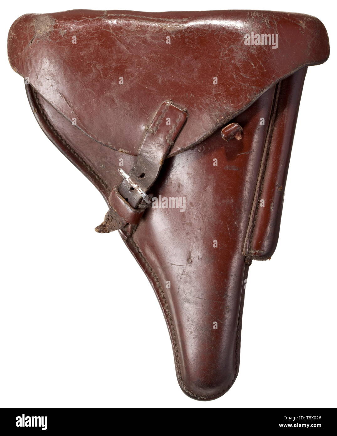 A holster for the P.08 manufactory 'Carl Heinichen / Dresden / 1935', police type of the weapon S/N 9728 in front on the body under the cover Sturdy, brown cowhide, re-dyed in the past. Key slot with key, galvanised brass coated. Prong clasp. Stitching and pull strap in order. historic, historical, 20th century, Additional-Rights-Clearance-Info-Not-Available Stock Photo