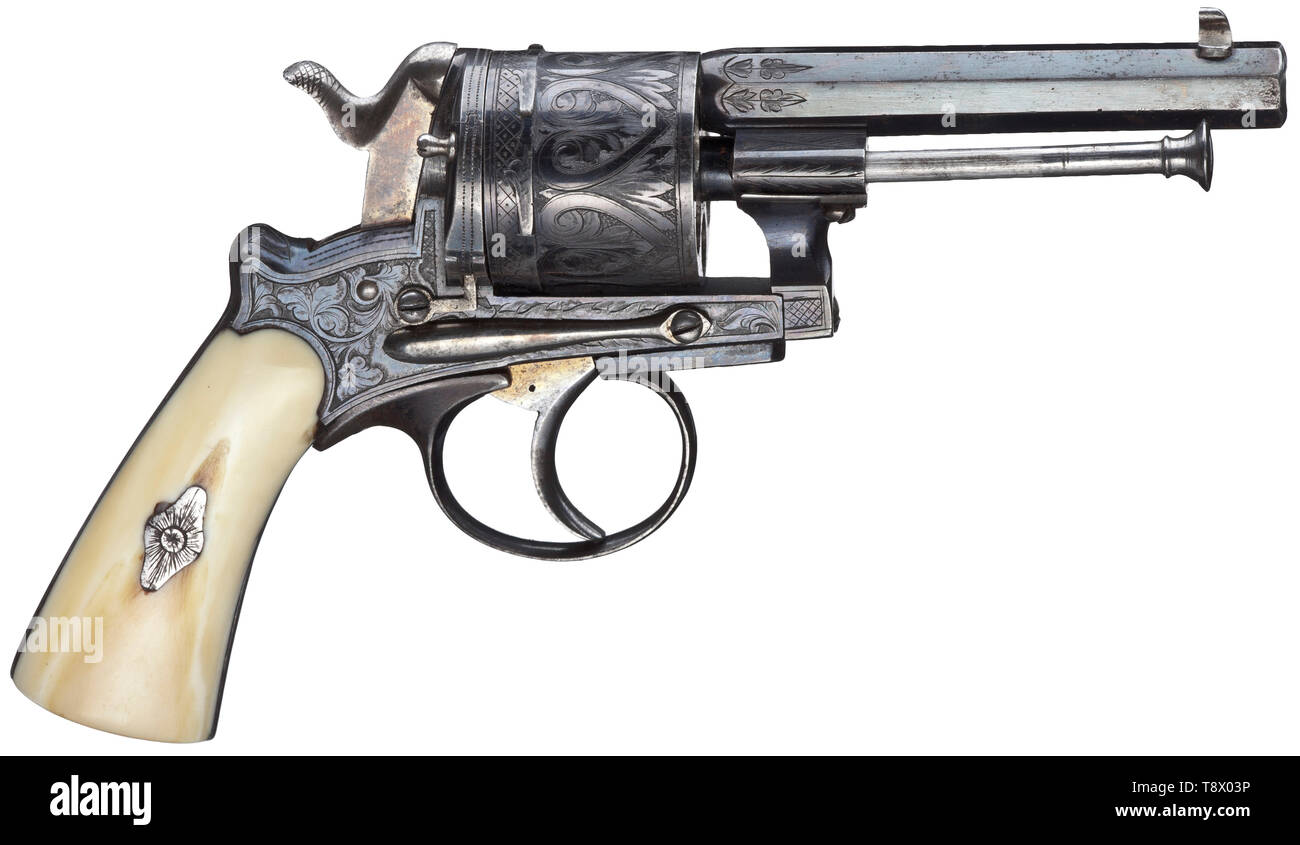 A Gasser centre-fire revolver with holster, circa 1885 Cal..320 resp. 7 mm CF, no. 5020. Octagonal barrel, 6-groove bore, length 78 mm. Total length 175 mm. Six shots. Various parts with assembly no. 3. No further inscriptions or stamps. Single action. Fully engraved model, on cylinder heart-shaped. Original blue-black highly polished finish largely preserved. Hammer and trigger yellow. Smooth ivory grip panels discoloured due to age. Complete with holster for an officer's revolver, small model with closing buckle. Ribbed brown leather lined with, Additional-Rights-Clearance-Info-Not-Available Stock Photo
