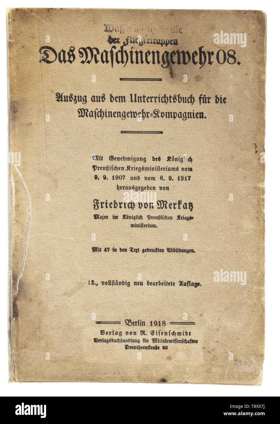 Machine guns, German Maschinengewehr 08, manual, written by Friedrich von Merkatz, Waffenmeisterschule der Fliegertruppen (Air Corps armourer school), Berlin, 1910, Editorial-Use-Only Stock Photo