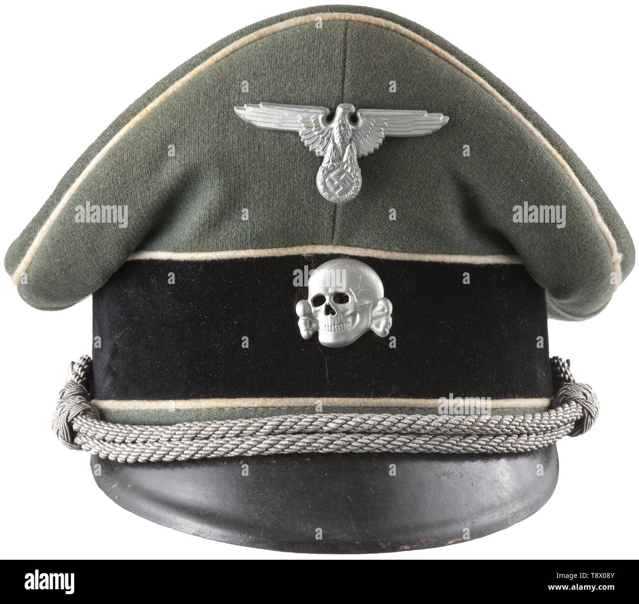 A visor cap for leaders in the Waffen-SS late-war issue Field-grey cloth,  typical for officer caps of the Waffen-SS, black trim band, steel-grey  imitation silk liner (with size stamping "55"), grey leather
