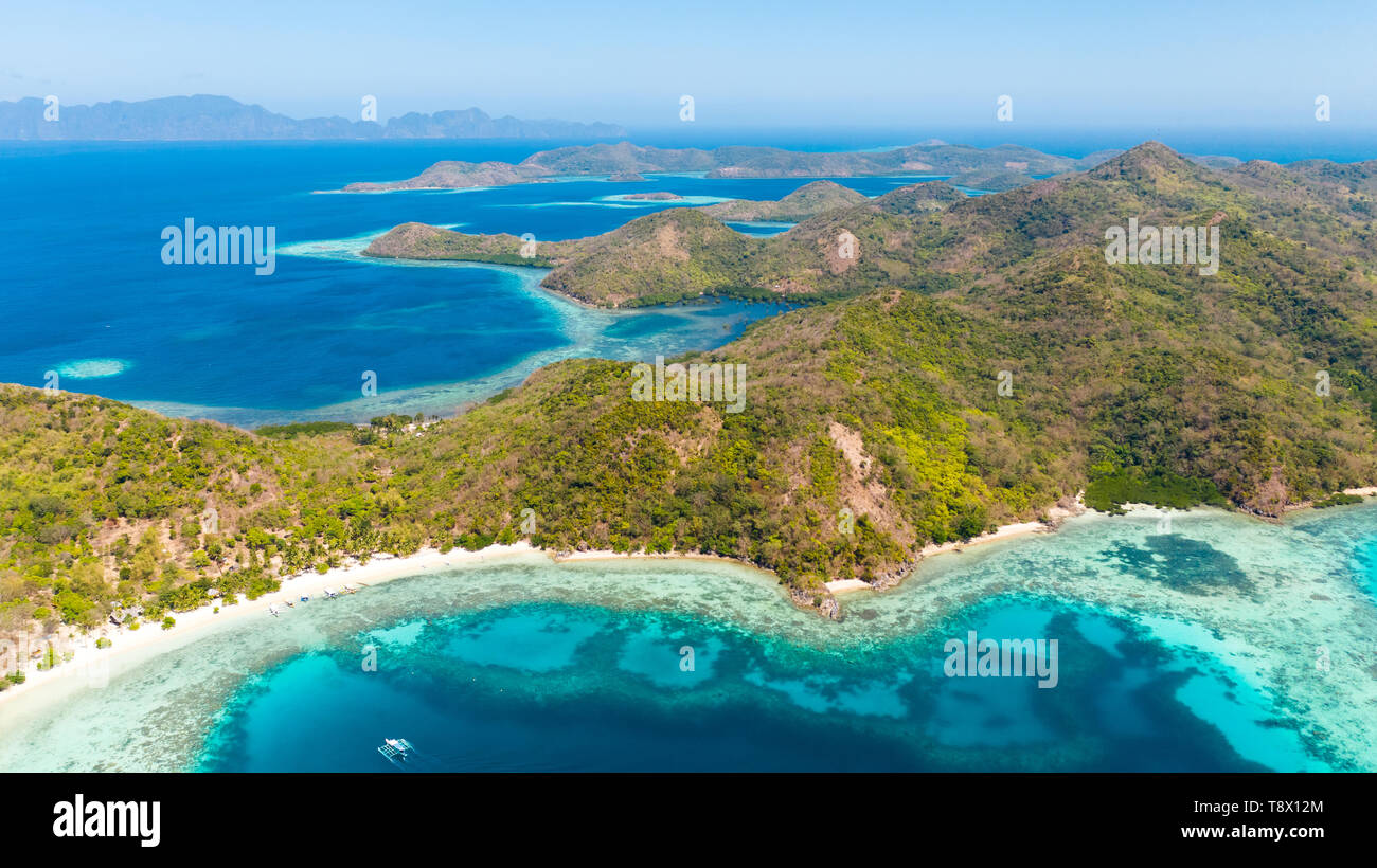 Blue sea and many islands.Ridge of islands in the ocean aerial view