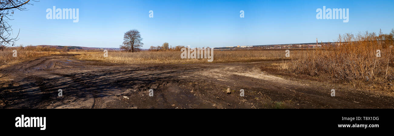 Field One Tree River And Rocks One tree in the field and the road. Beautiful landscape.Early spring ...