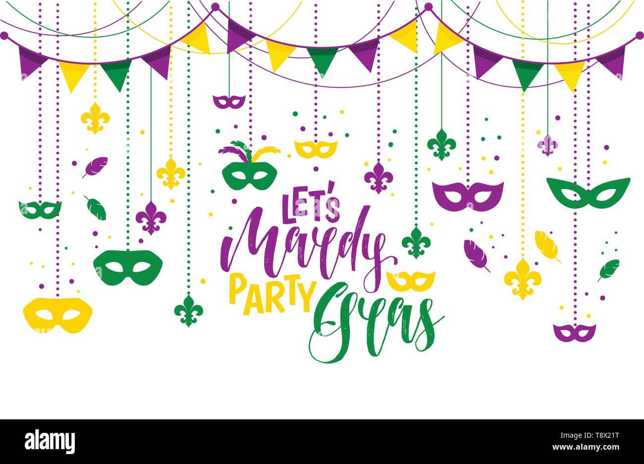 Mardi Gras colored frame with a mask and fleur-de-lis, isolated on white background. Vector illustration. Stock Vector