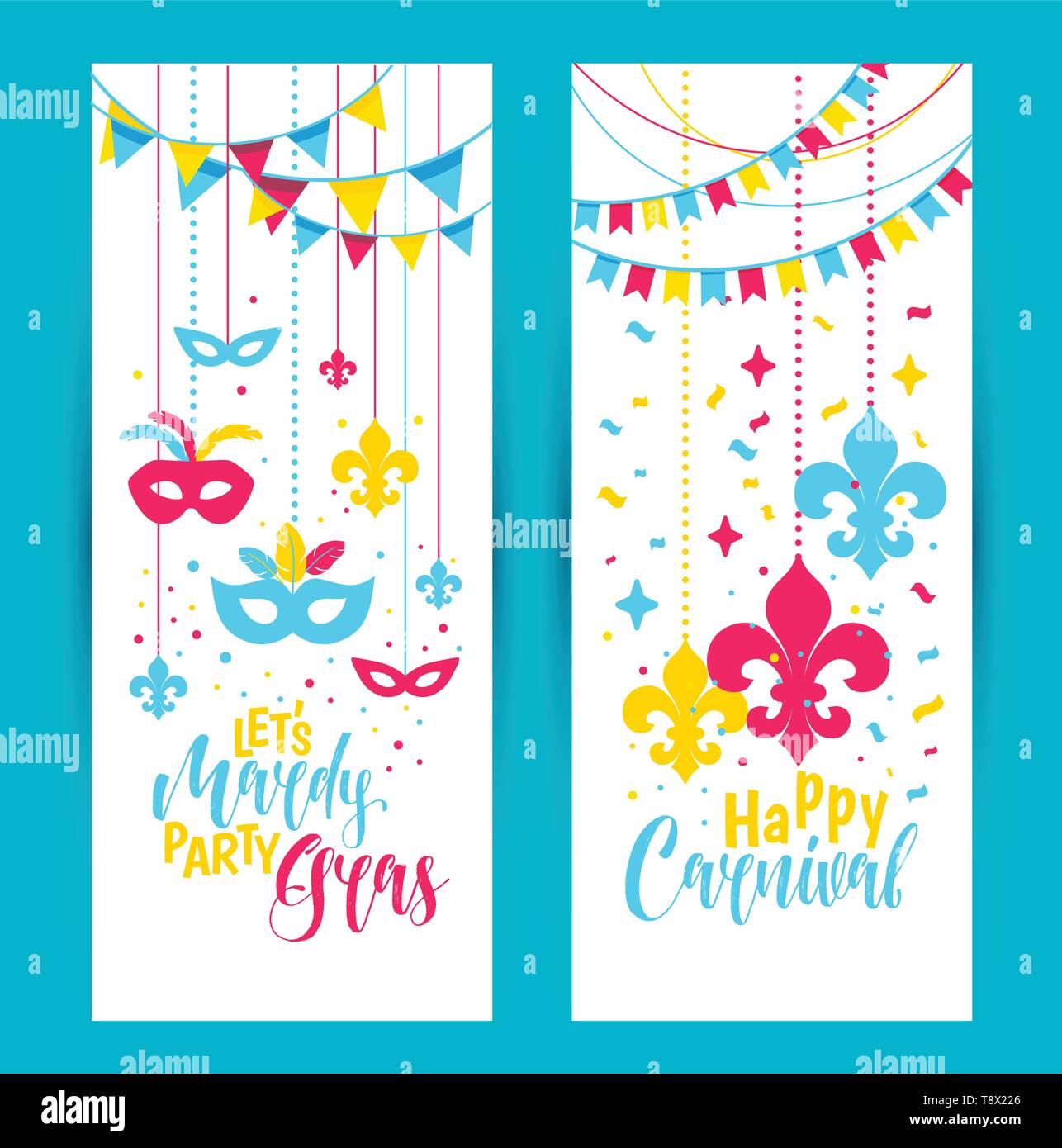 Mardi Gras colored vertical banners set with a mask and fleur-de-lis, isolated on white background. Vector illustration. Stock Vector