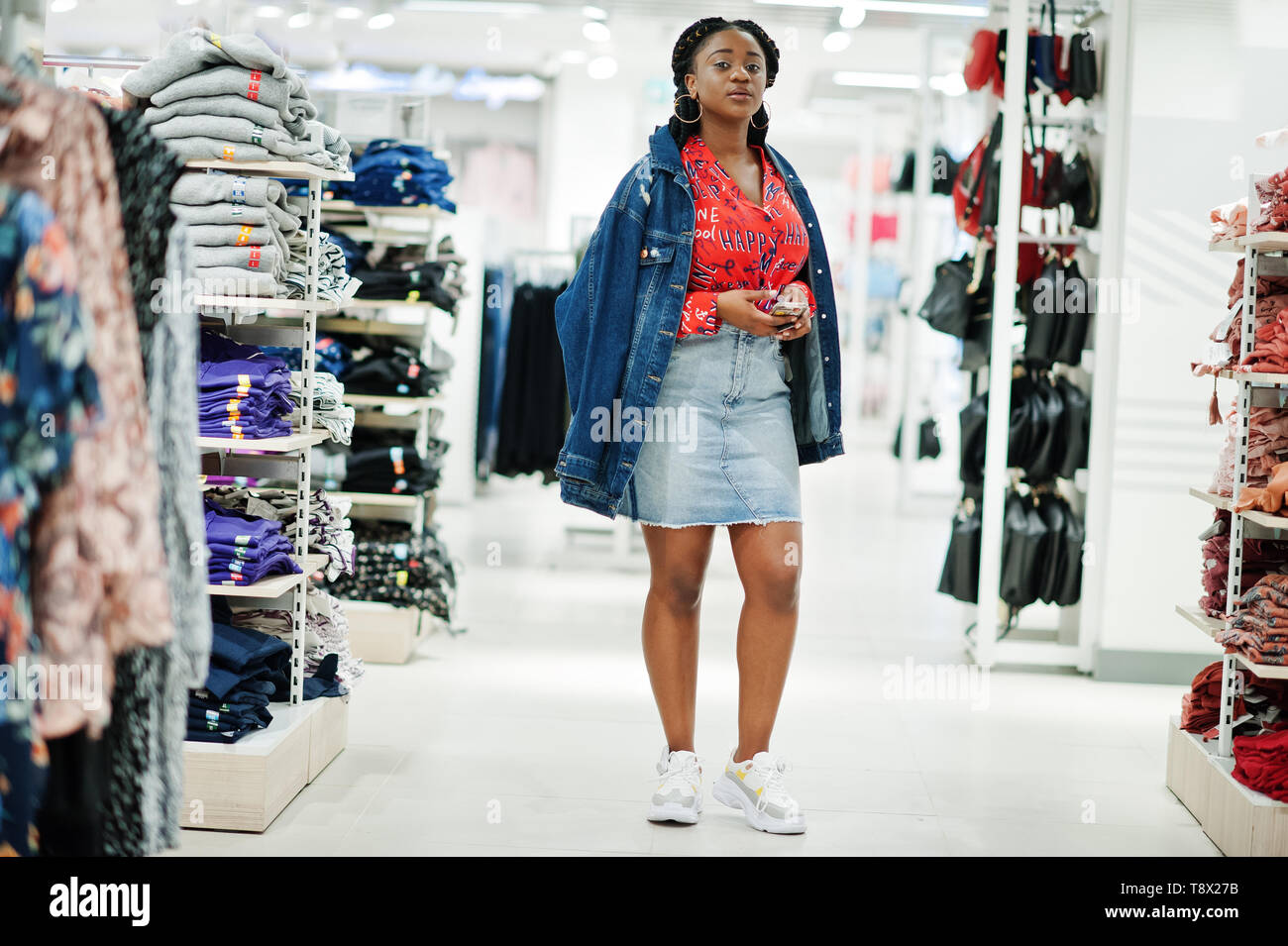 red shirt and denim skirt