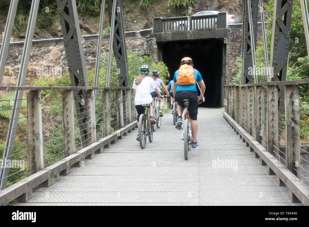 A walking and cycling track on the old railway line in the Karangahake Gorge, part of the Hauraki Rail Trail Stock Photo
