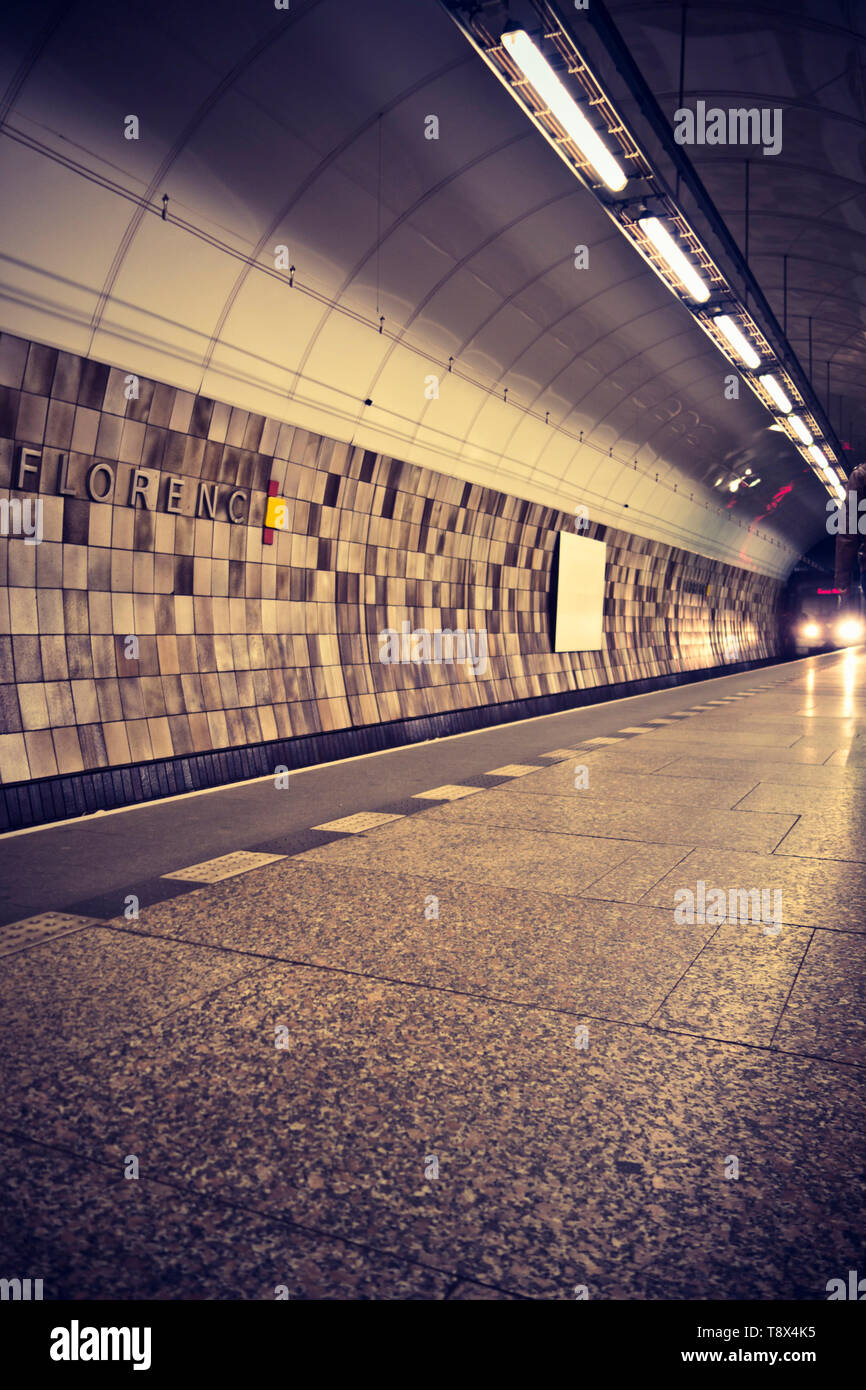 subway train coming into the Florence station of Prague tube Stock Photo